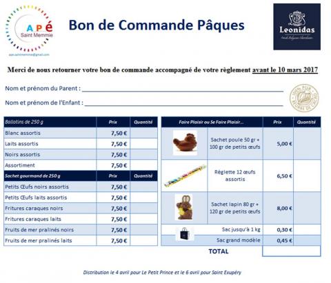 Bon de commande Pâques